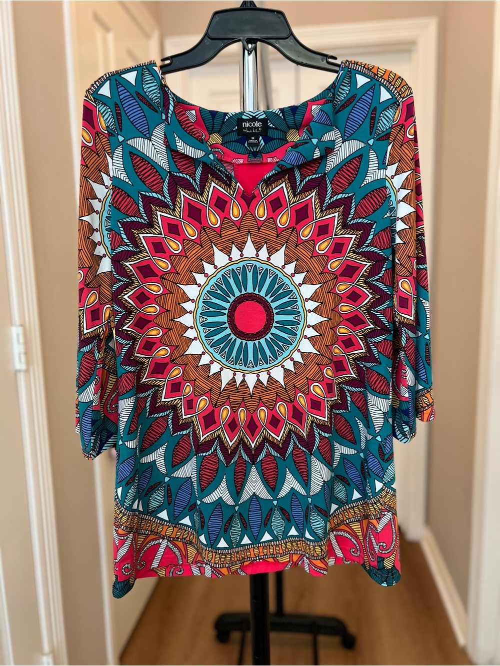 Nicole Miller Vintage Teal & Pink Mandala Print Women's Top